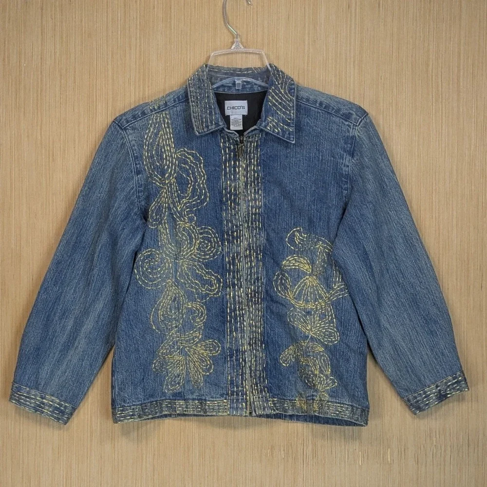 Chicos Denim Blue Jacket Womens Medium Metallic Gold Embroidery Baggy Oversized - Picture 1 of 6